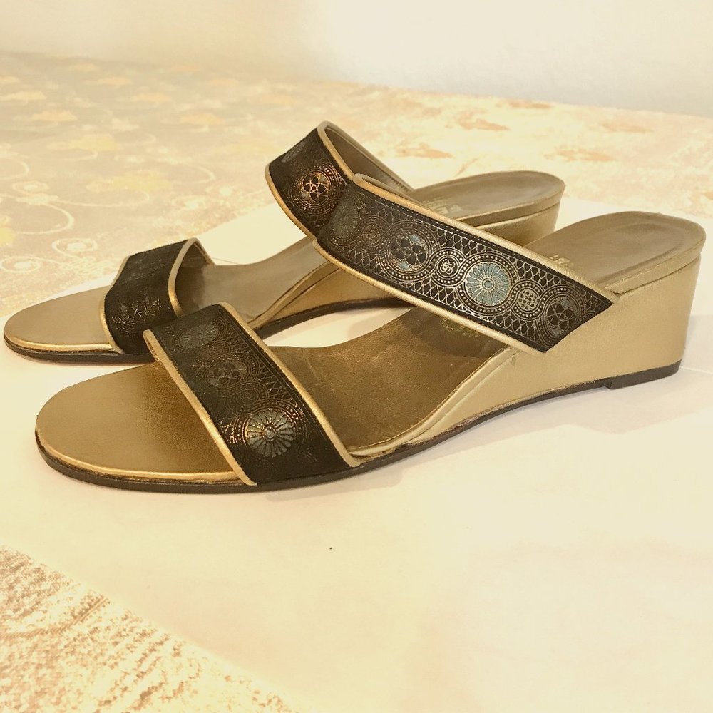 Ferragamo Gold Slip-on Brocade Sandals with Low Platform Heel SIZE 9